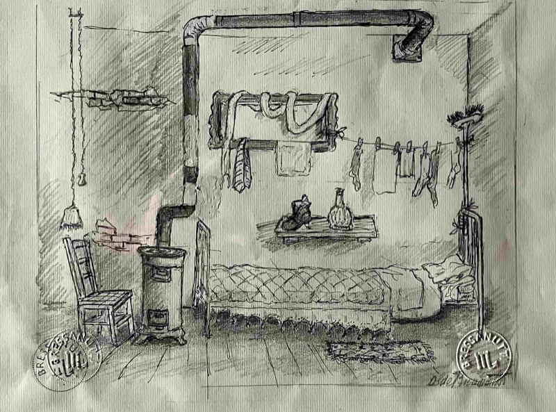 Aldo Bressanutti - Interno con stufa - disegno - cm. 35x45 Aldo Bressanutti - Interno con stufa - disegno - cm. 35x45